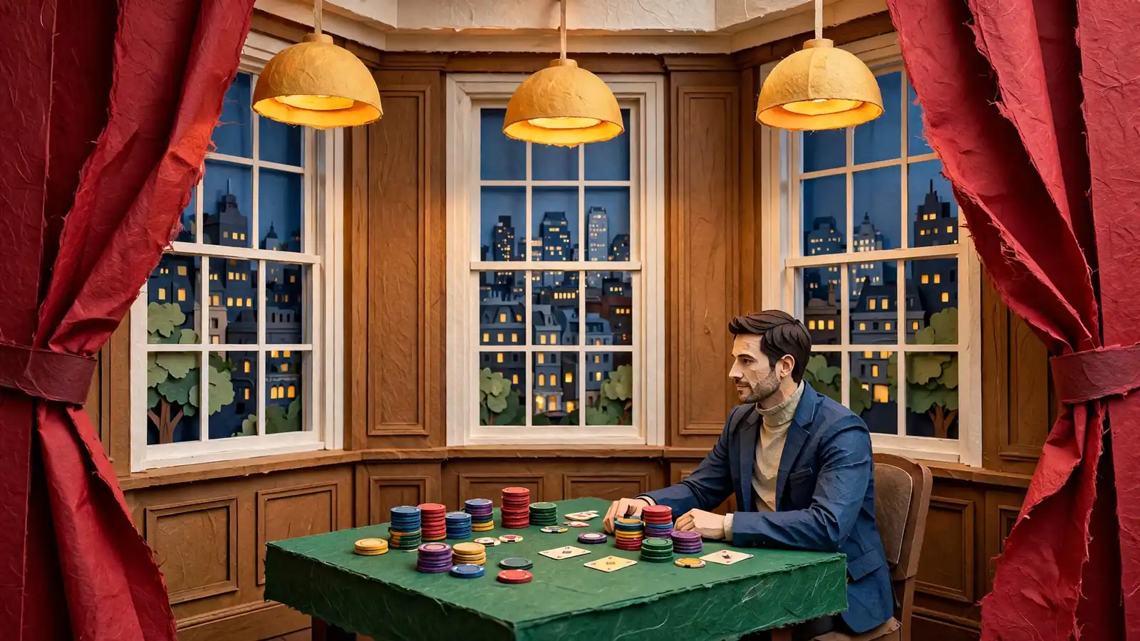 British casino lounge interior with felt gaming table, stacked chips, and warm evening city view.