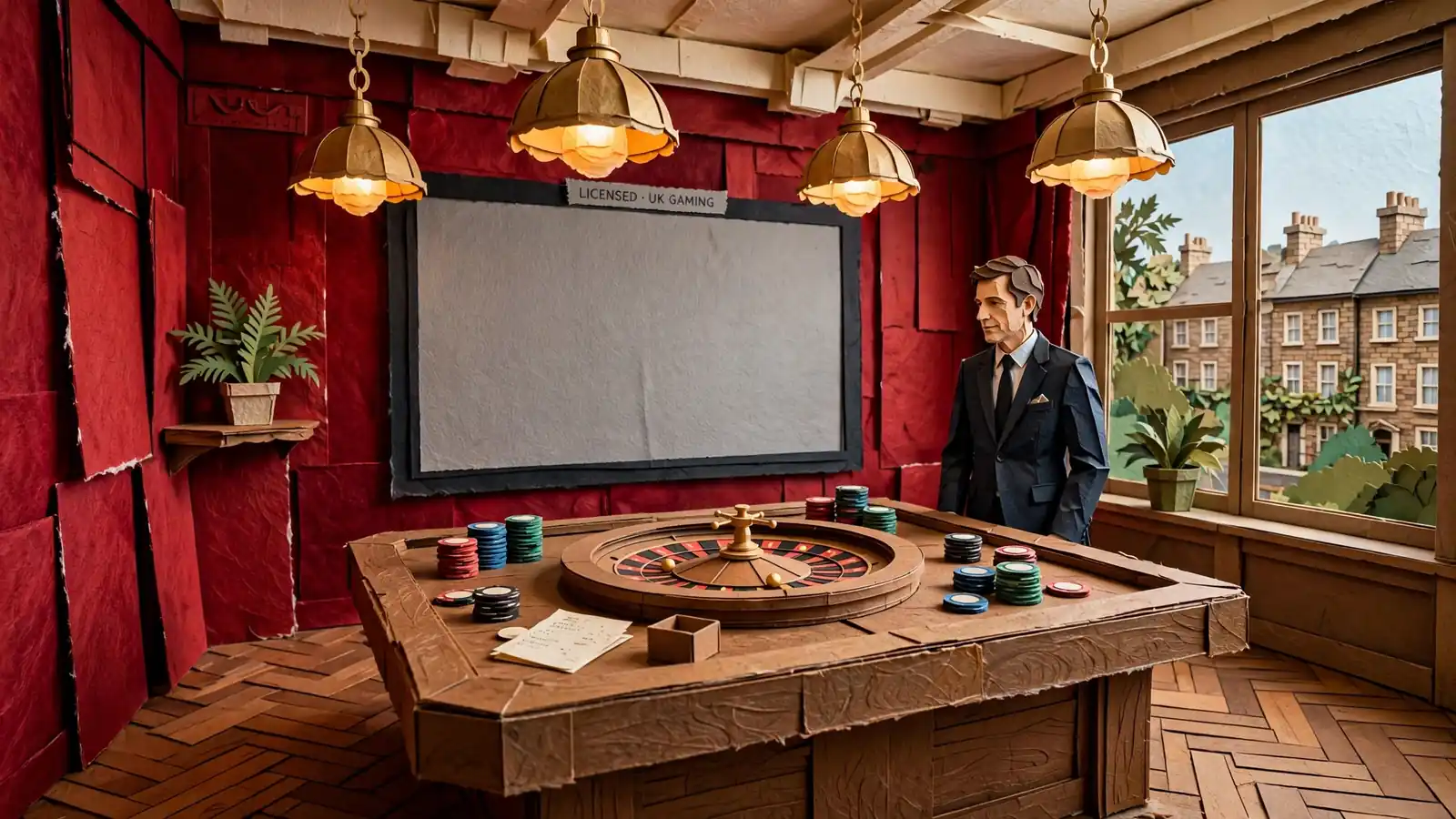 UK live-casino studio interior with gaming table, chips, and roulette wheel