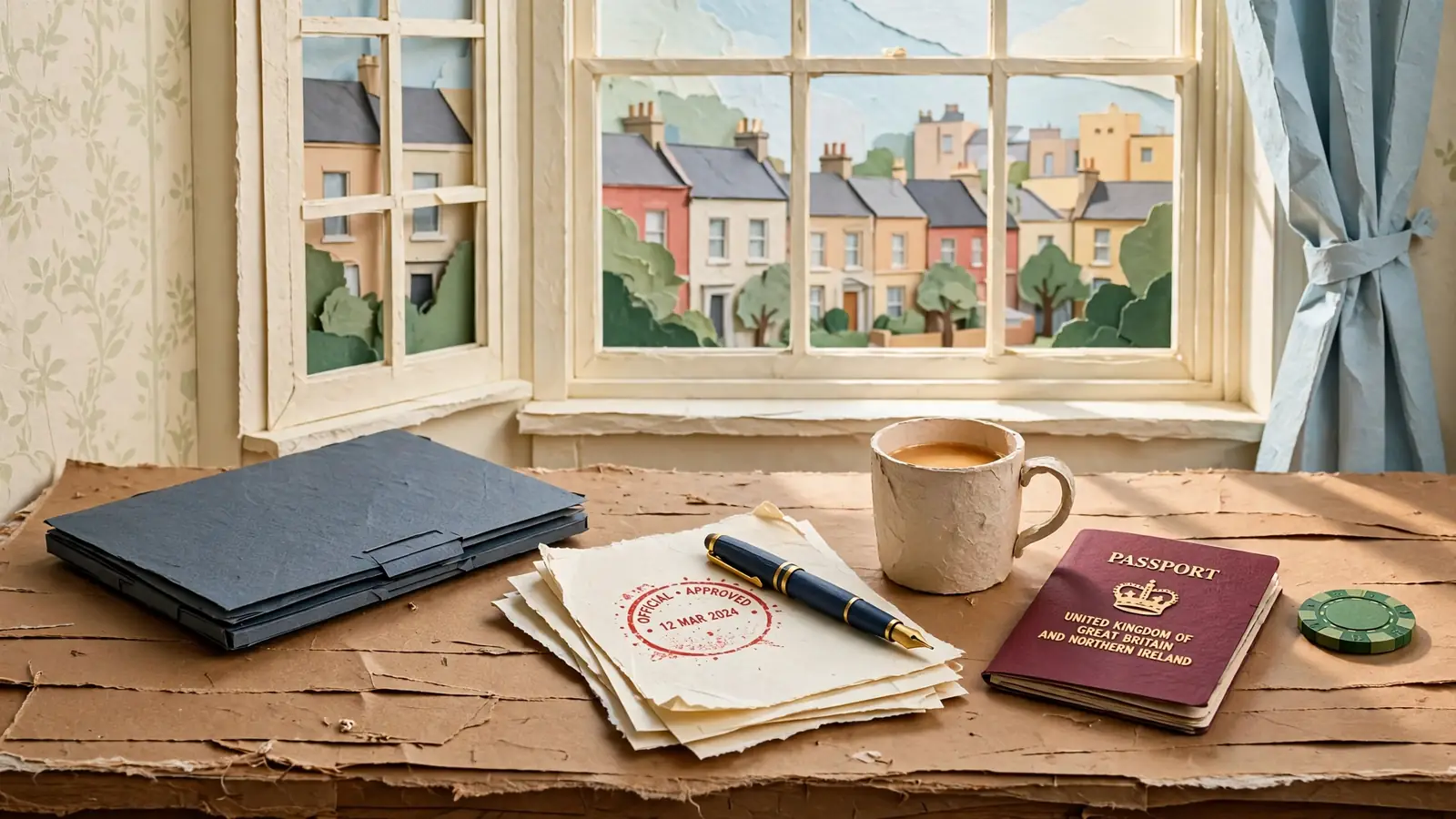 Wooden desk in a London flat with official documents, passport, tea, closed laptop and a casino chip