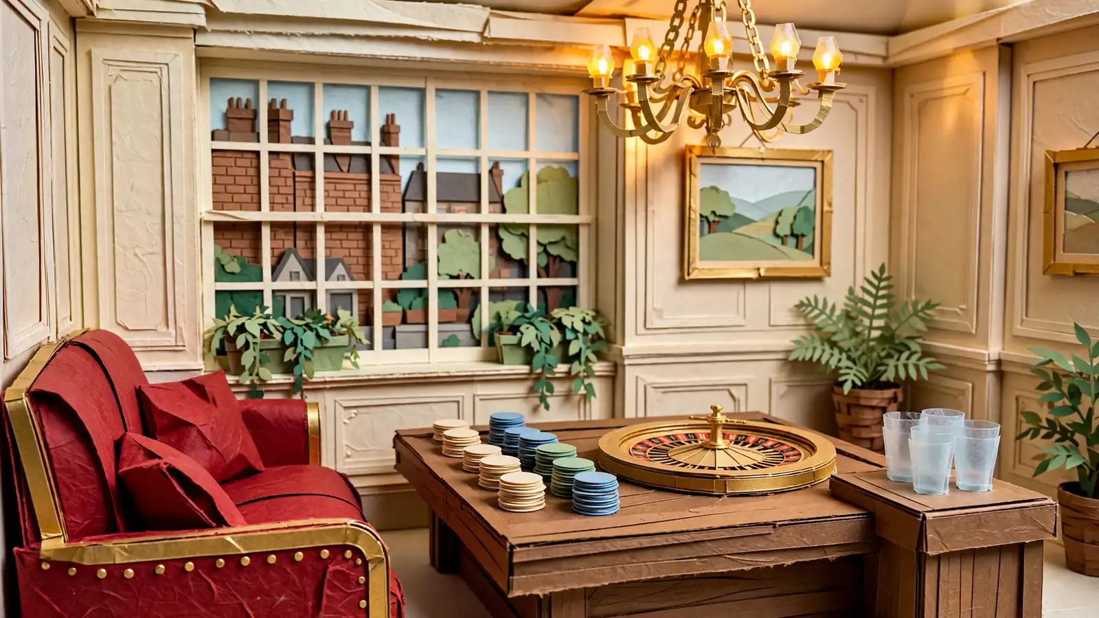 Elegant UK casino lounge with roulette table and stacked chips