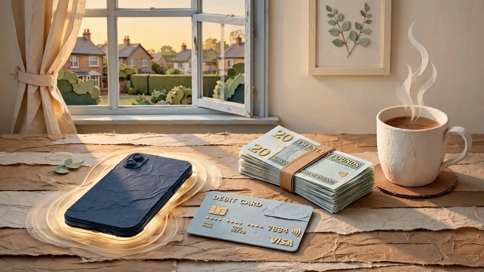 Smartphone glowing notification on a table with British pounds and tea