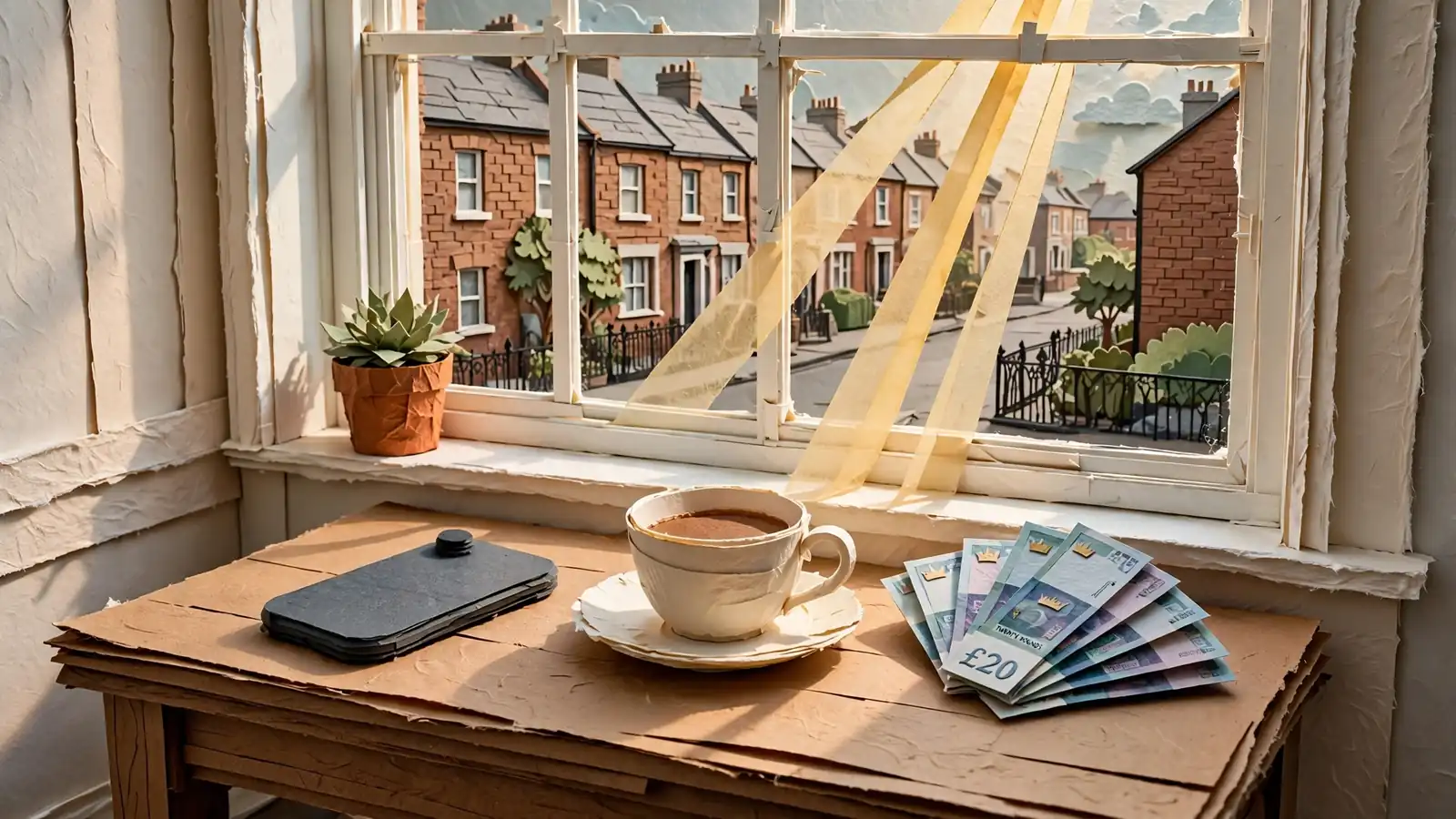 Smartphone face-down beside British pound notes and a teacup on a wooden table in morning light.