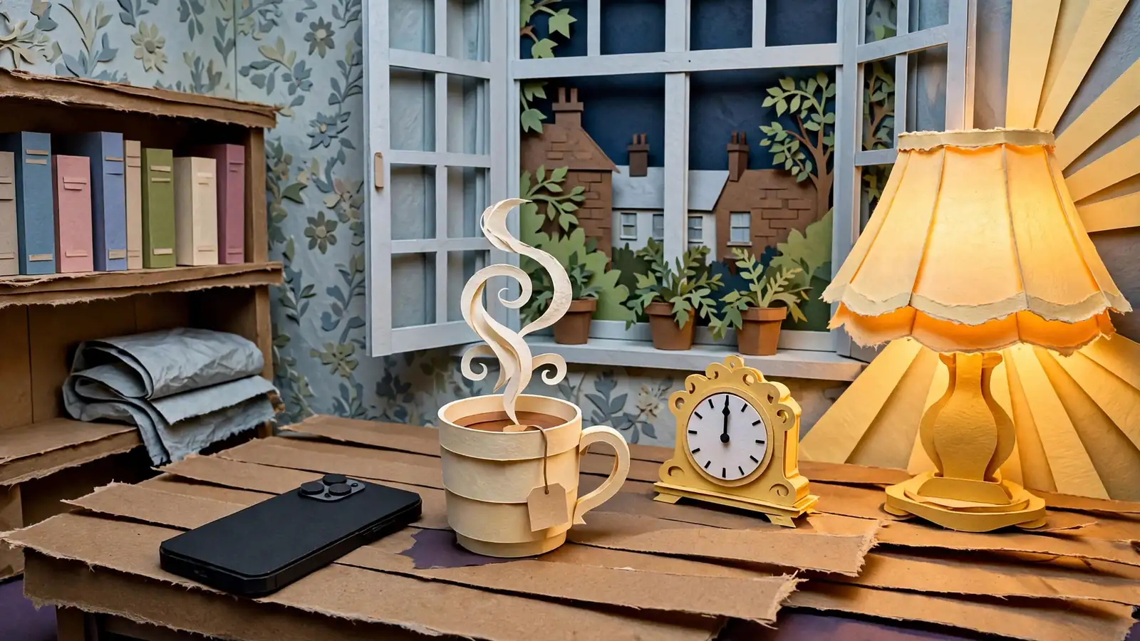 Phone on a table with a desk clock at midnight in a cozy living room.