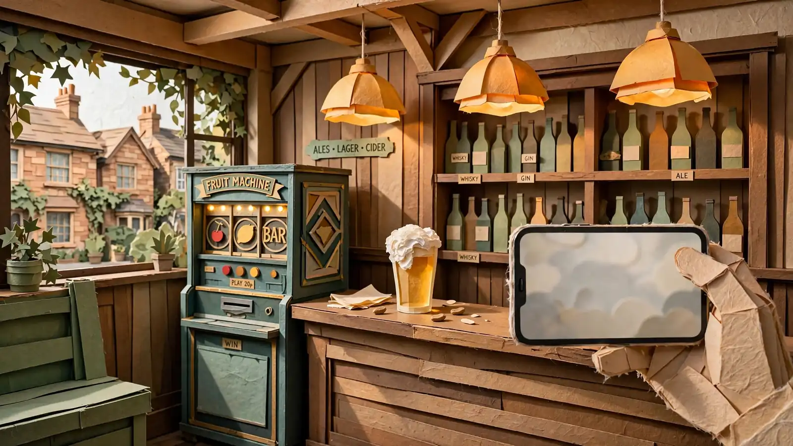 Vintage fruit machine in a British pub with a smartphone in the foreground.