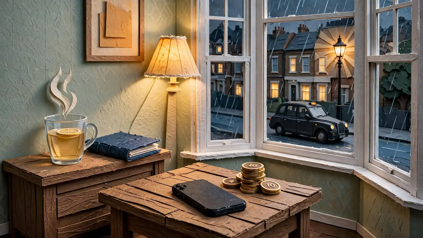 London flat interior with face-down phone and vintage slot tokens by a rain-streaked window.