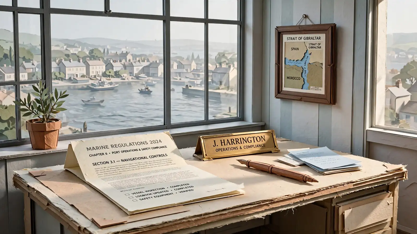 Regulatory paperwork on an office desk with a Gibraltar harbour view.