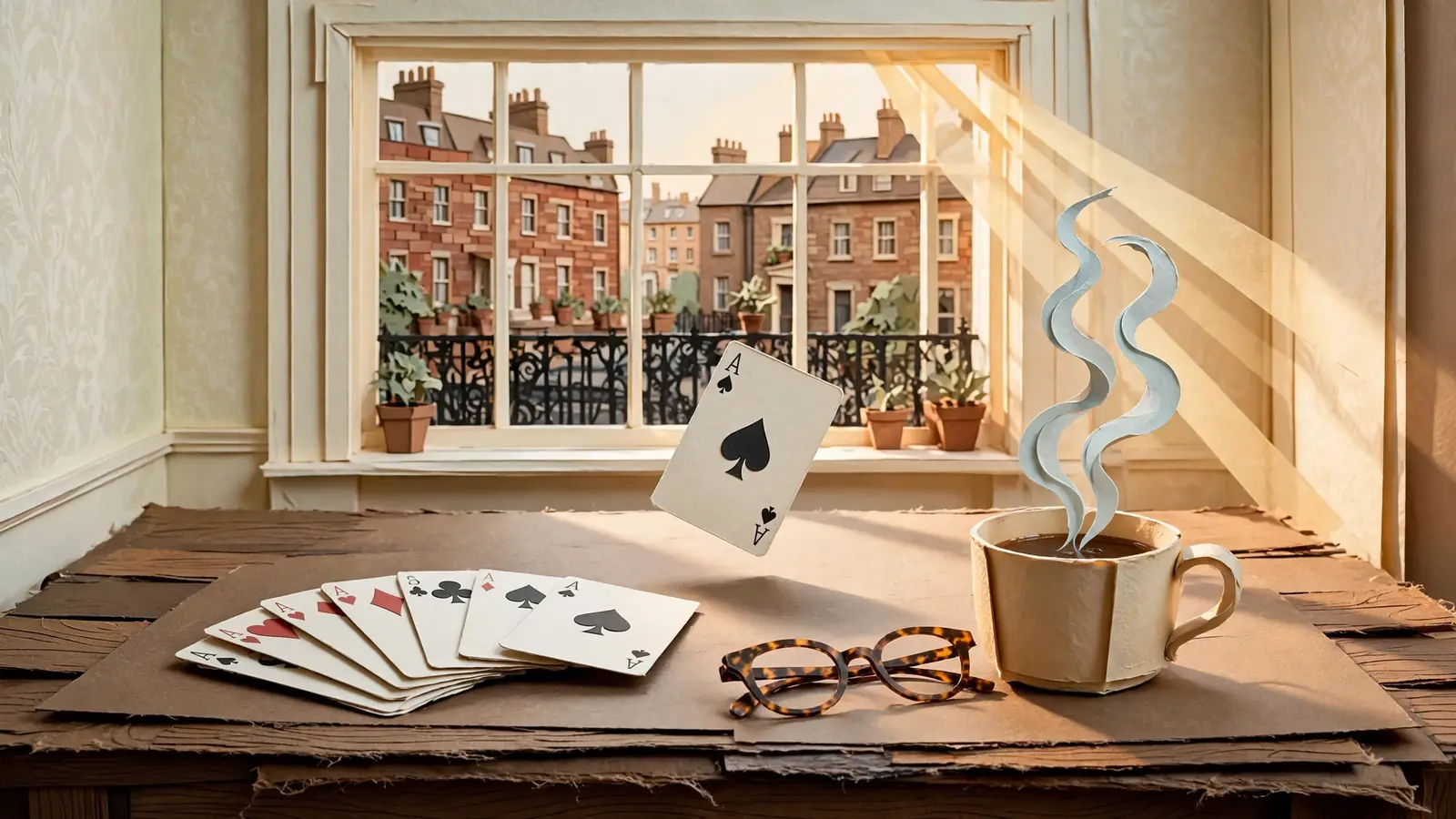 Playing cards on an oak table in a traditional British interior with warm afternoon window light.