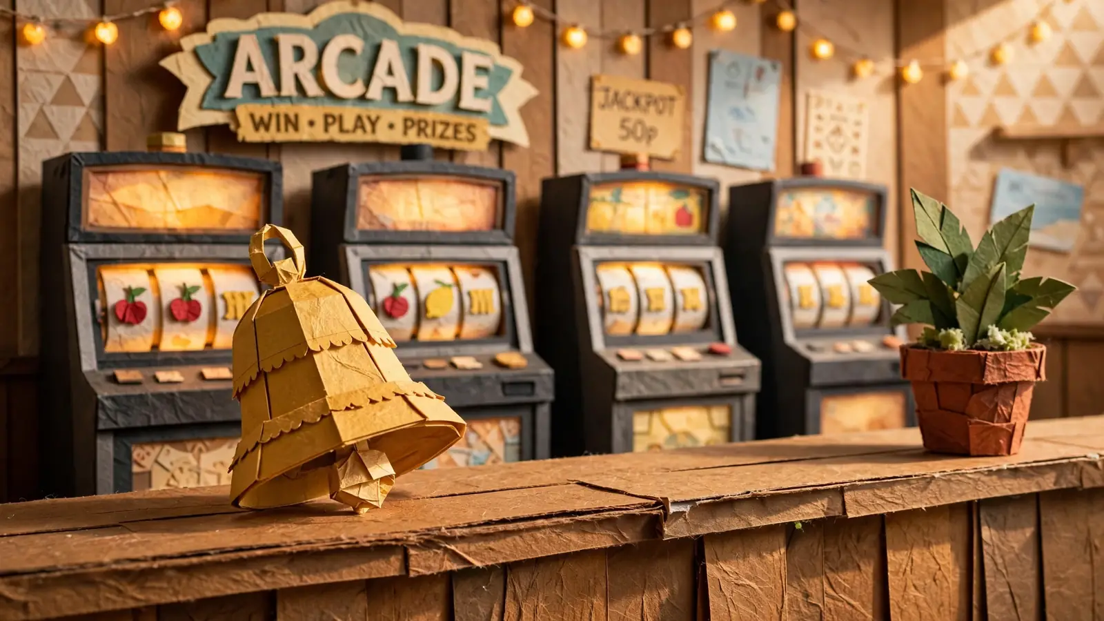 Brass bell on counter of a British seaside arcade with slot machines behind.