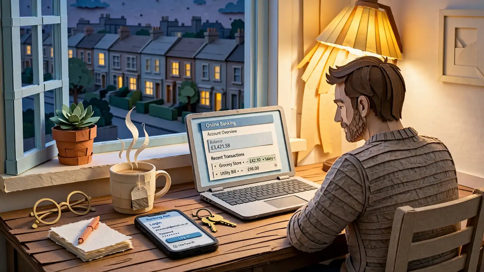 Person at desk using laptop for bank transfer payment in UK home