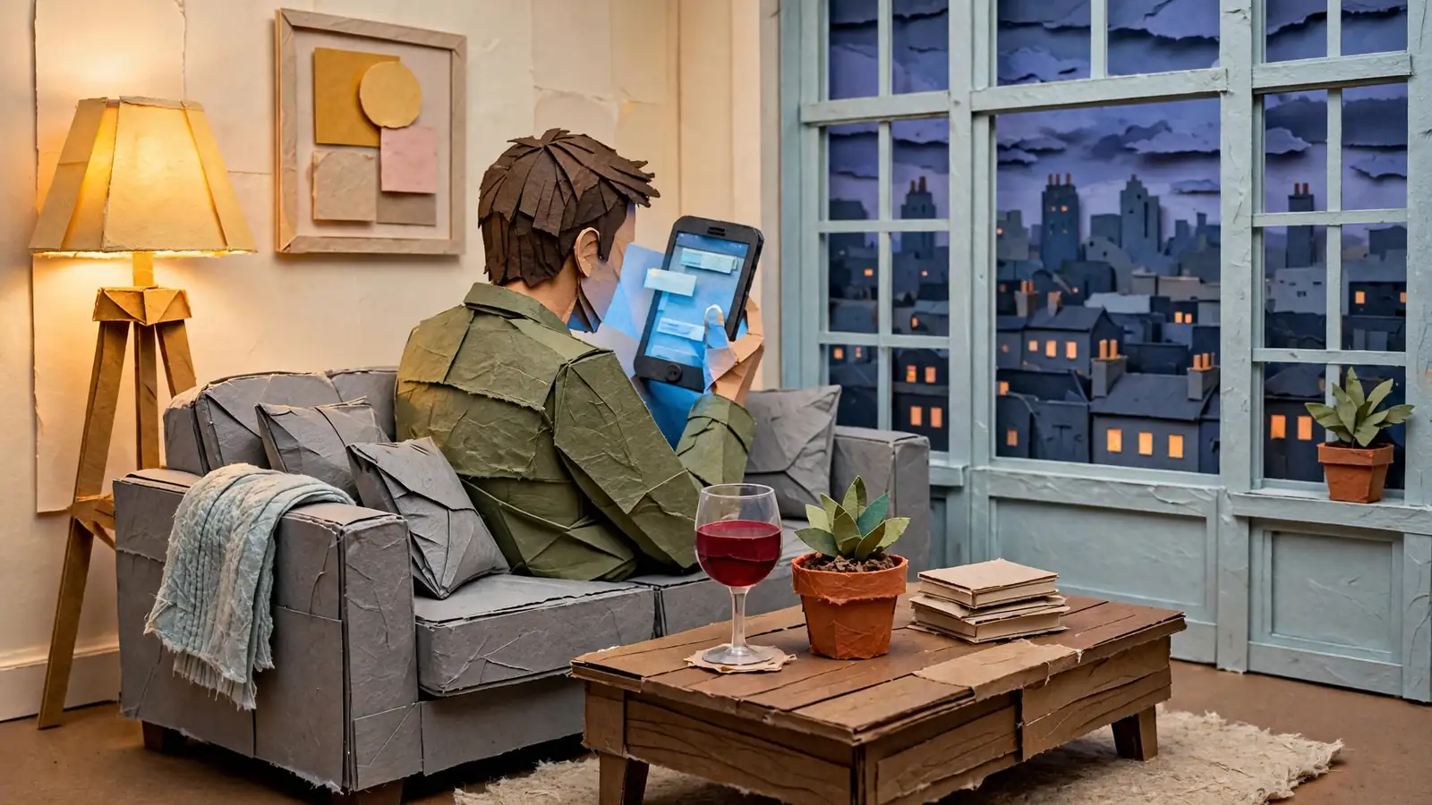 Person relaxing on a sofa in a modern London flat using a smartphone at dusk.