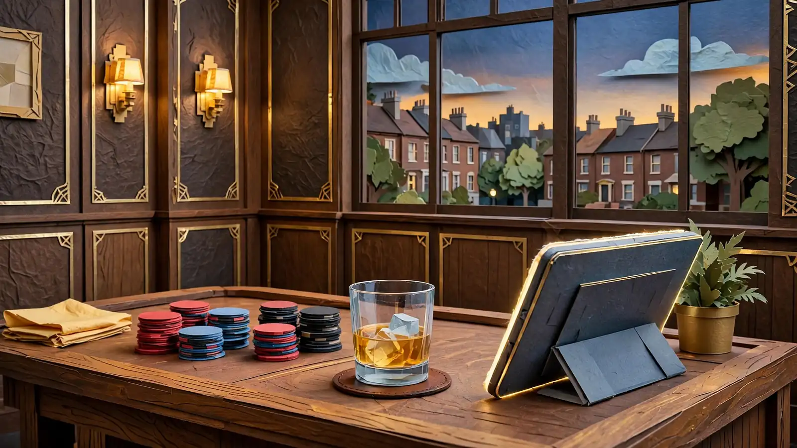 London casino lounge interior with gaming table and chips at dusk