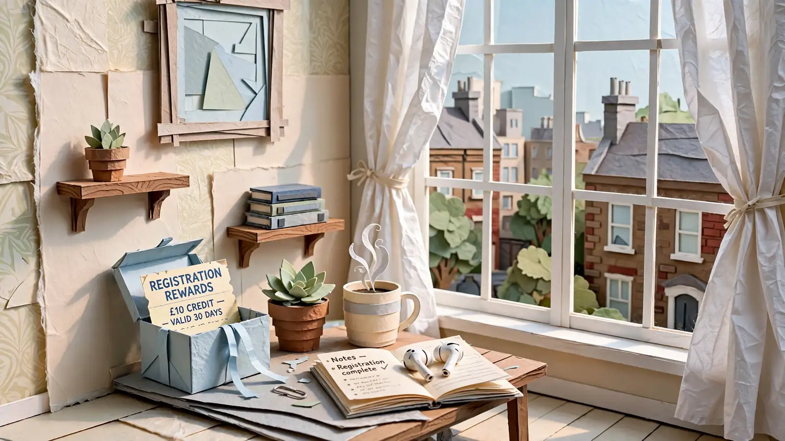 Gift box with voucher card on a London apartment side table by a window