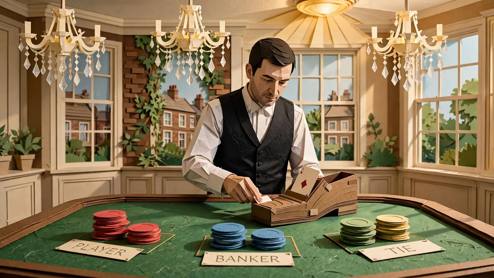 Live baccarat dealer in studio at green felt table drawing a card.