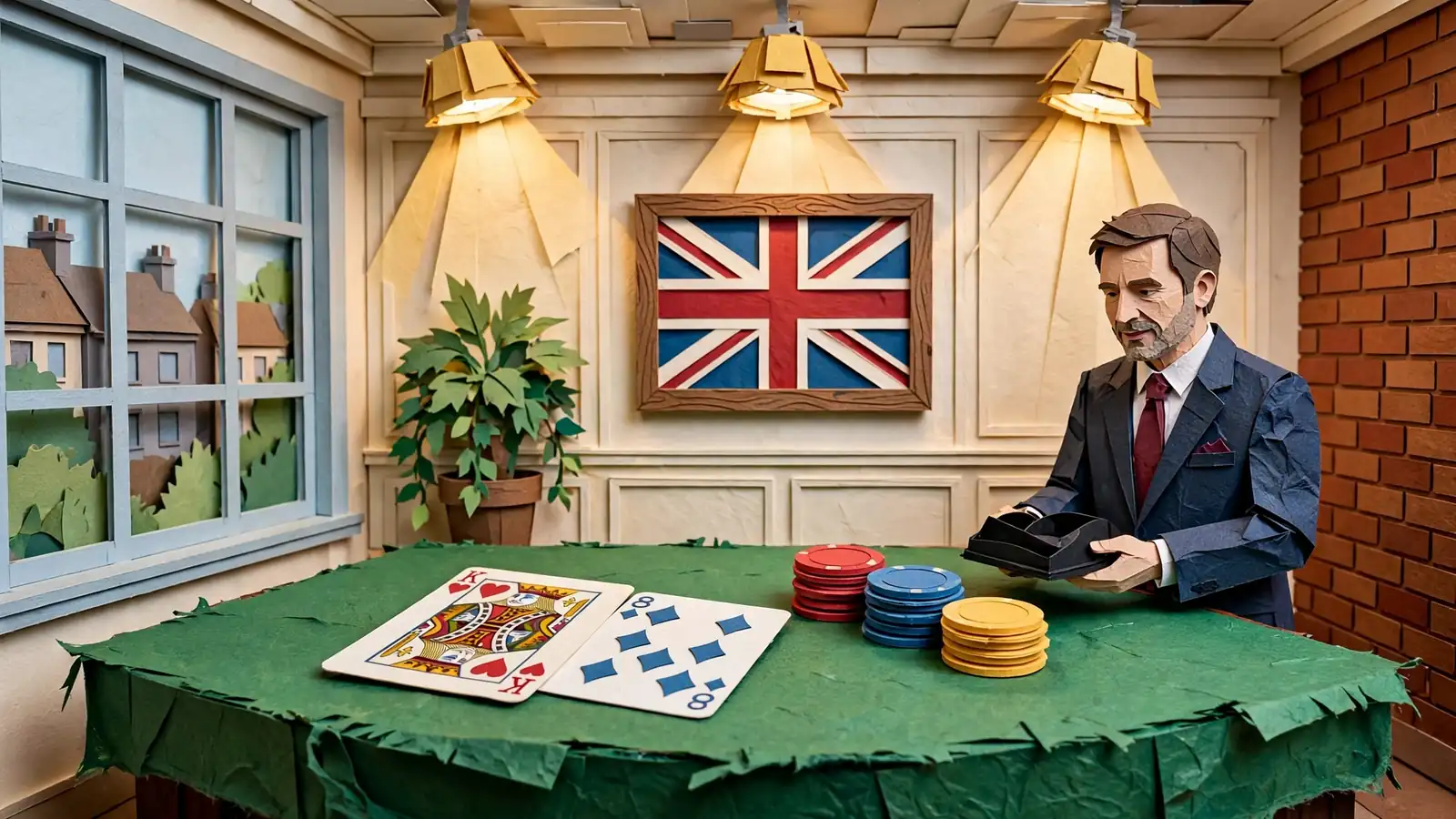 Live dealer blackjack studio with green felt table, chips, cards, and British interior decor
