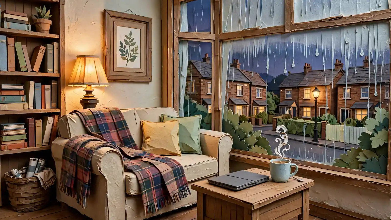 Cozy British living room at evening with closed laptop and tea