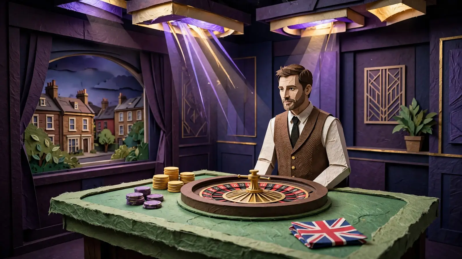 Live casino studio with dealer and roulette wheel under purple and gold lighting