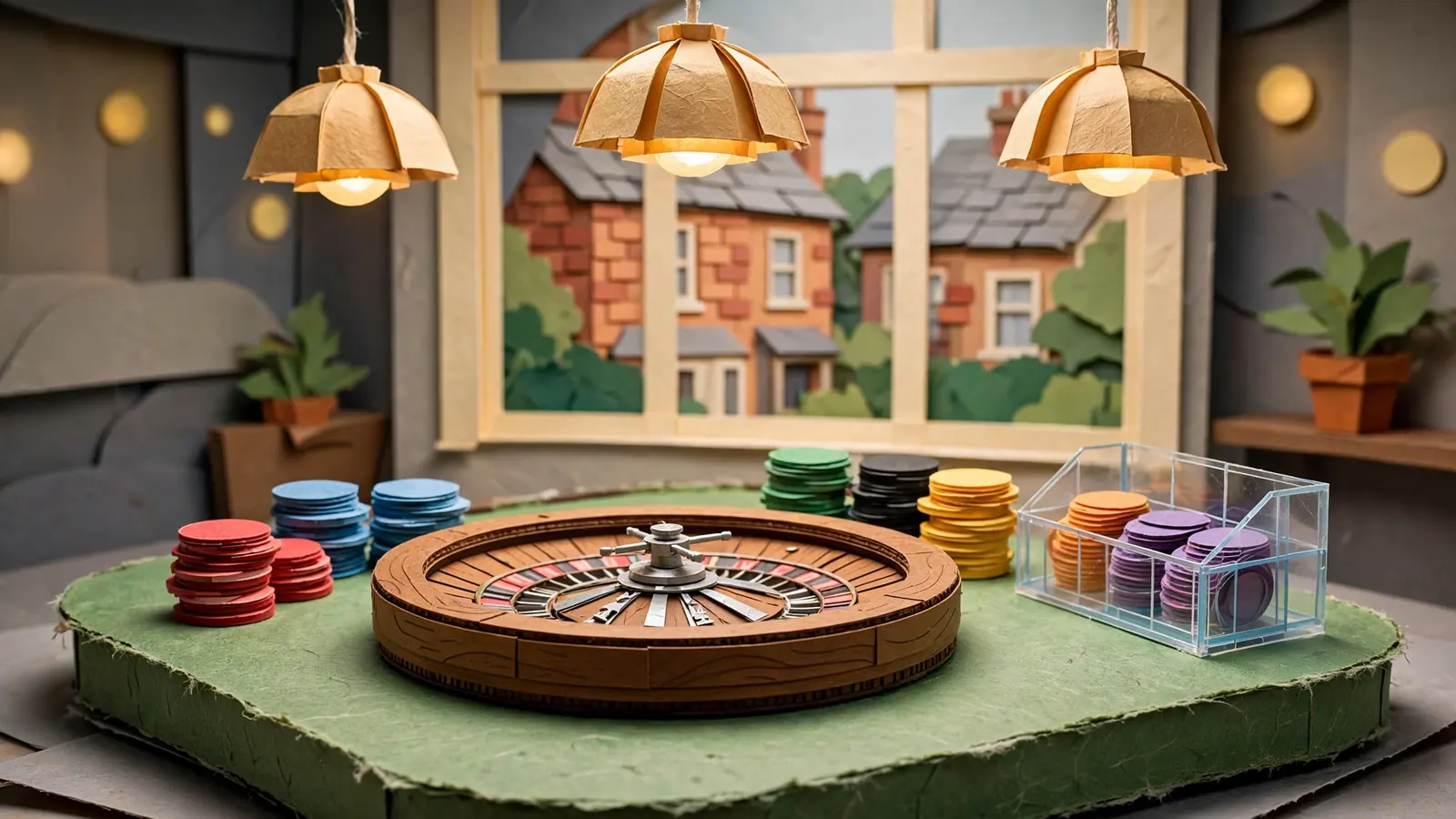 Live roulette wheel on green table with chips in a softly lit studio.