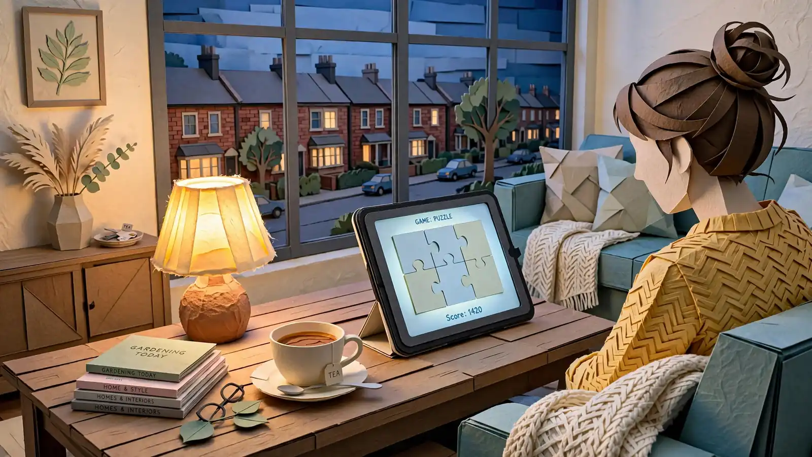 British living room with tablet on coffee table, evening lamp light, tea and row houses outside window.