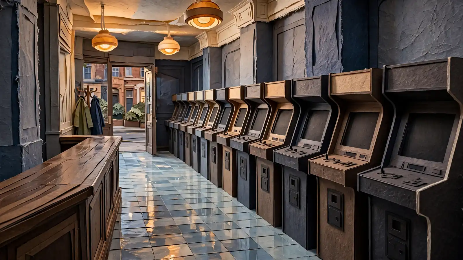 Dim London arcade interior with a row of blank gaming terminals at evening.