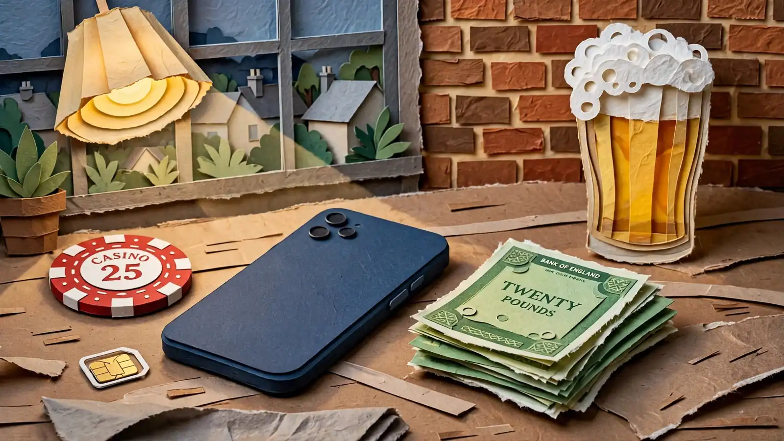 Mobile phone, casino chip, and British pounds on a table in a UK home setting.