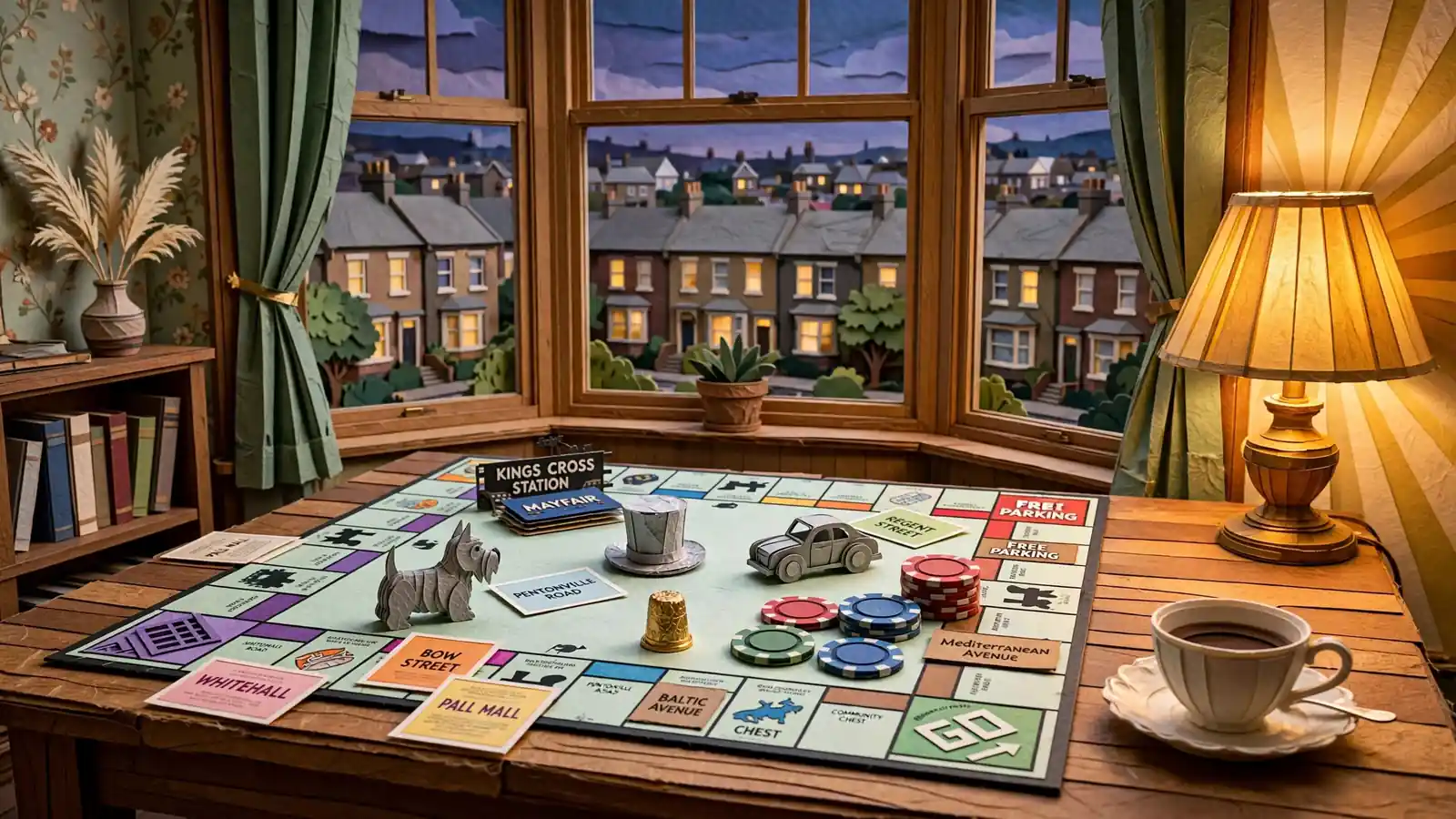 Monopoly board on a wooden table in a British living room with casino chips and warm lamplight