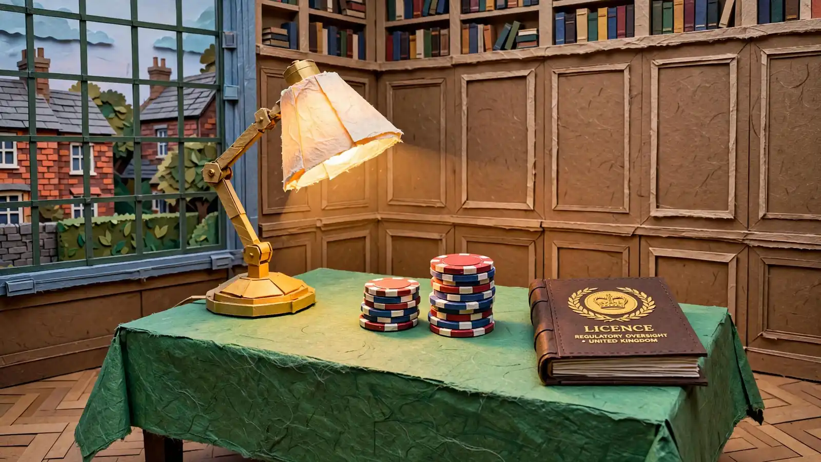 Traditional British wood-panelled room with felt card table, stacked chips, and embossed licence document under a warm brass lamp.