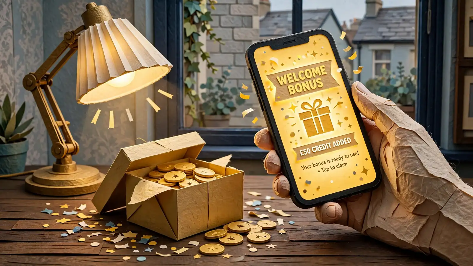 Hand holding smartphone near gift box of gold coins