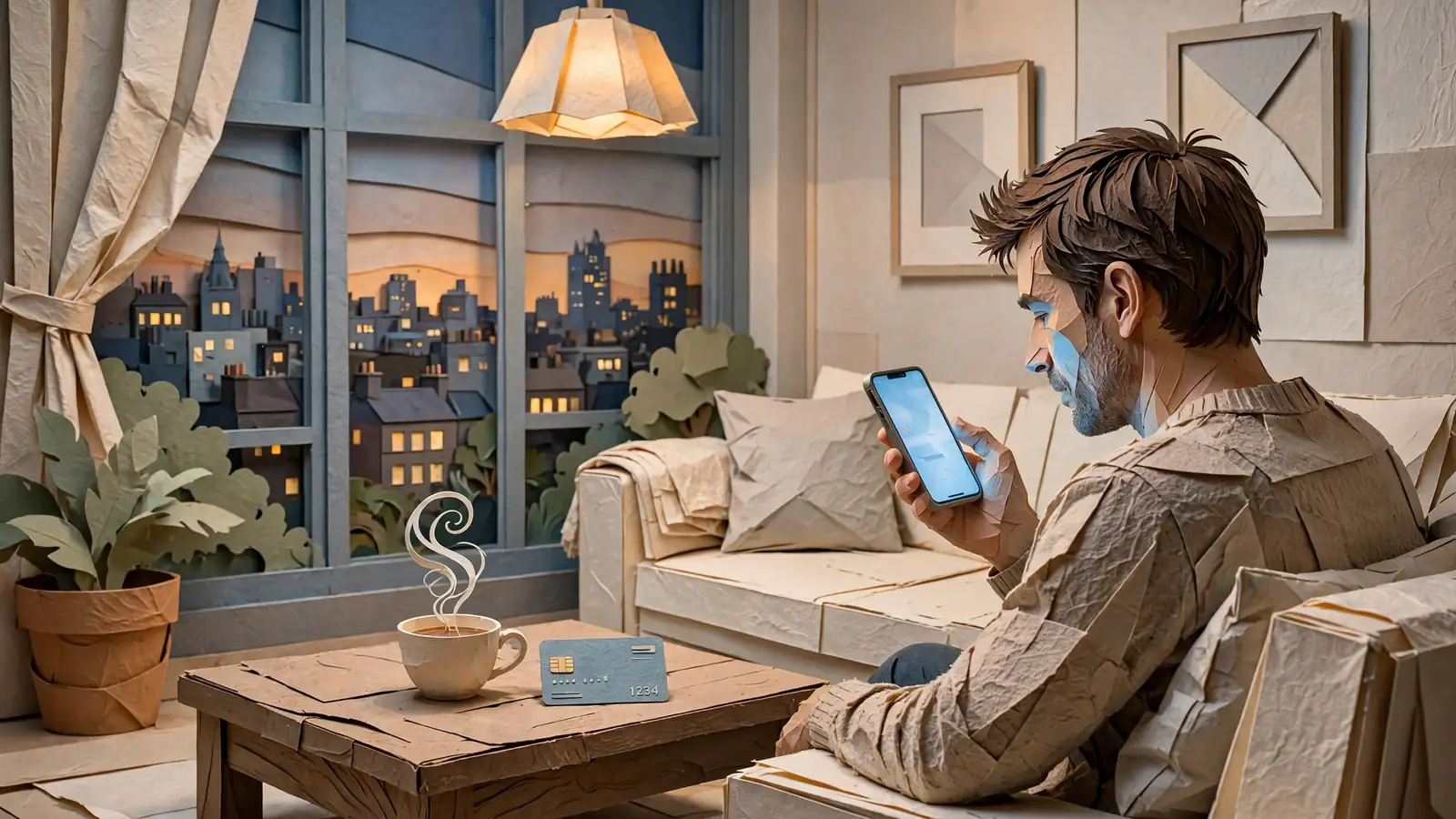 Person with smartphone, bank card and tea in a London flat at dusk
