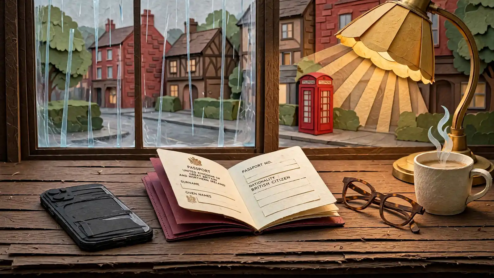 Smartphone face-down beside UK passport and mug of tea on a wooden desk under warm lamp light