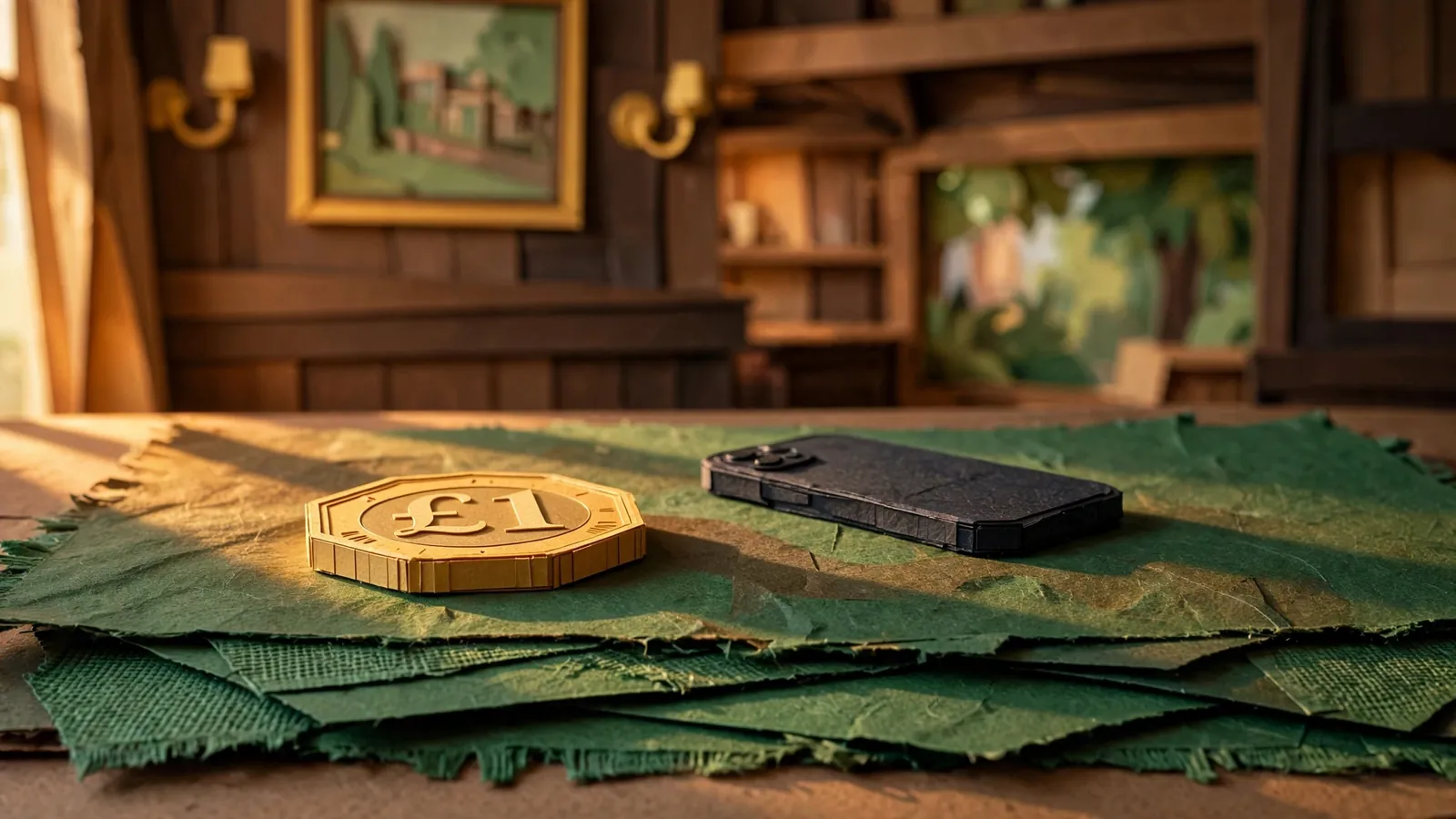 Single pound coin on green felt beside a face-down smartphone in a British pub interior.