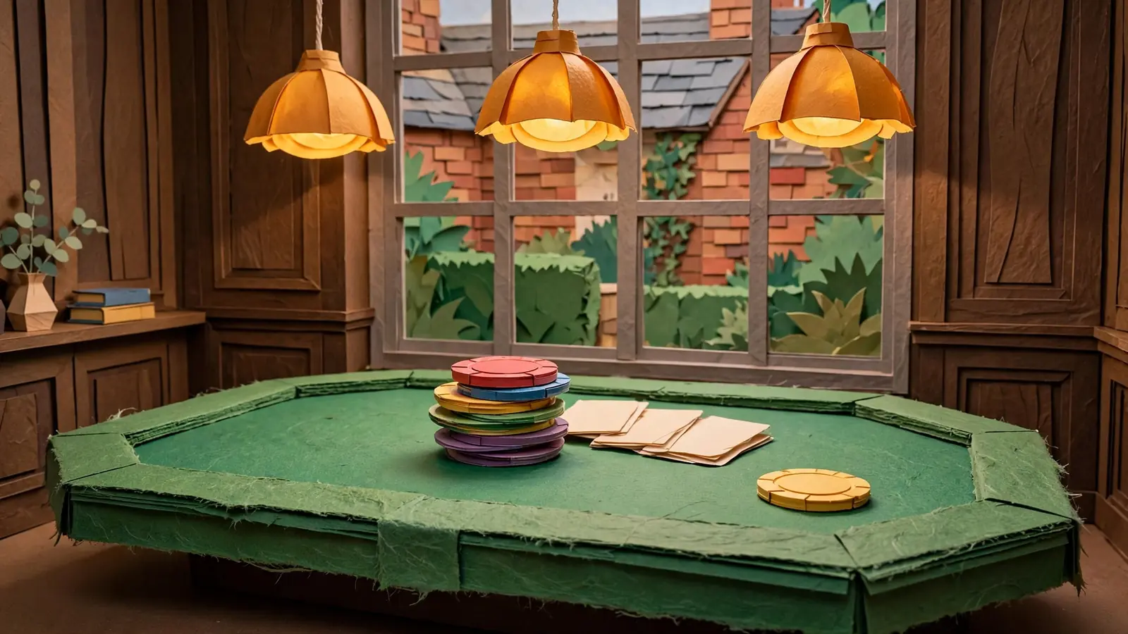 Neat stack of colorful casino chips beside face-down cards on a green felt table.