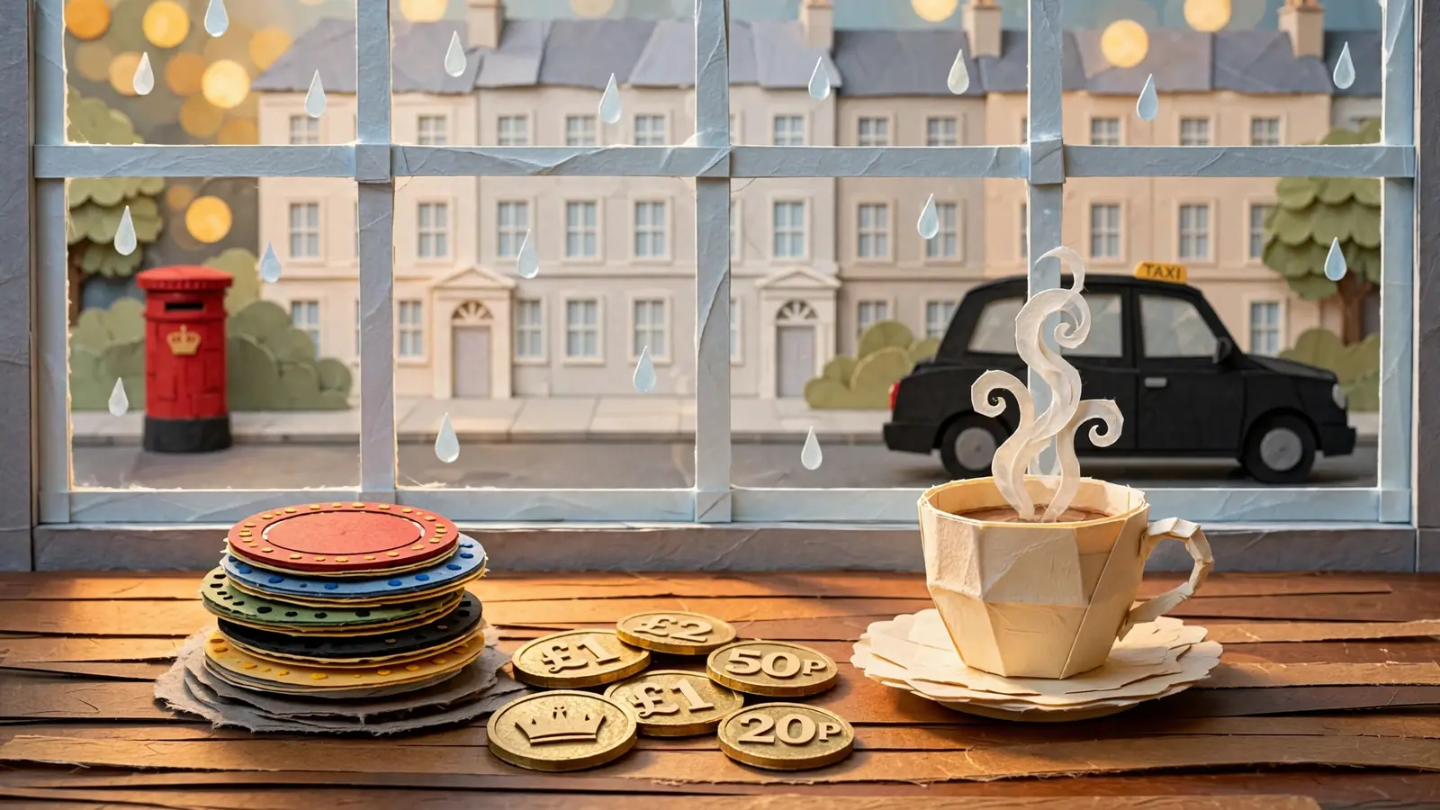 Casino chips, pound coins, and tea on a wooden table; London street visible through a window.