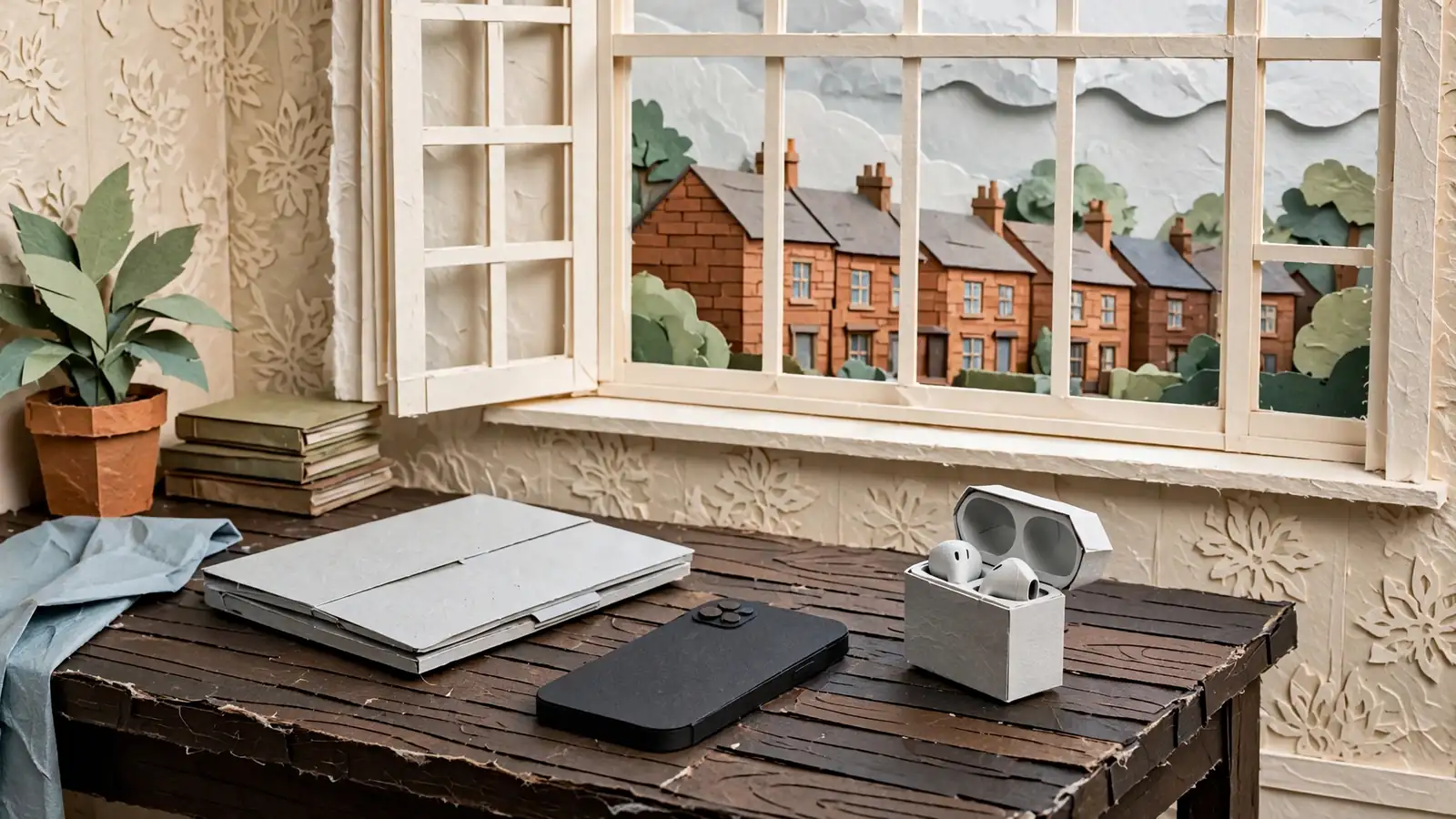 Smartphone face-down on a table in a UK home, no visible screen content.