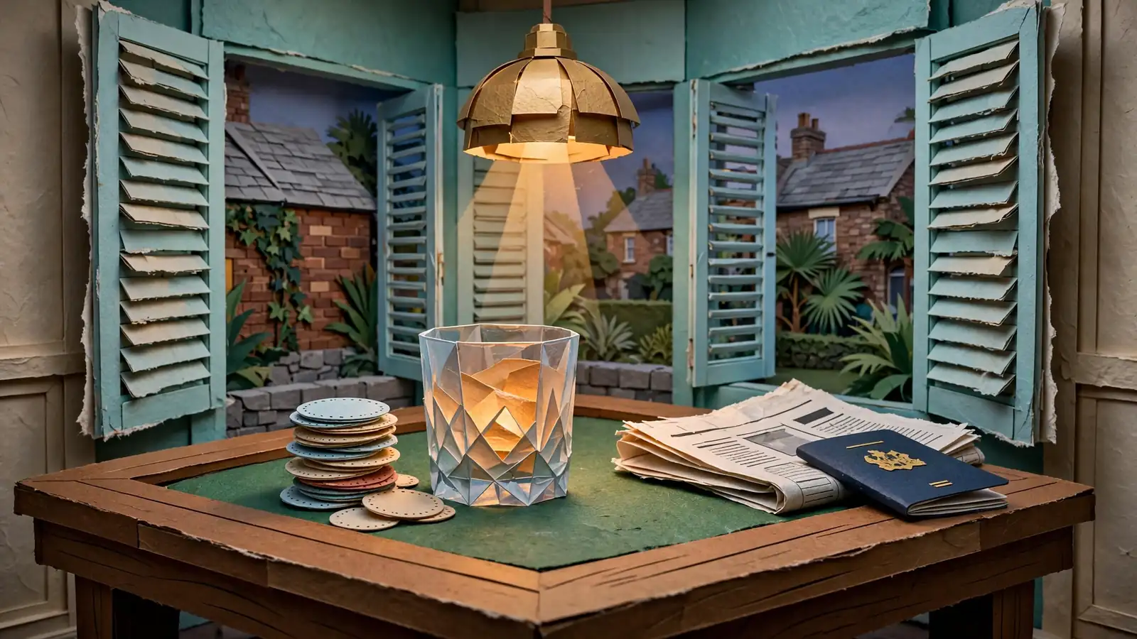 Wooden casino table with chips and tumbler in a tropical Curacao lounge.