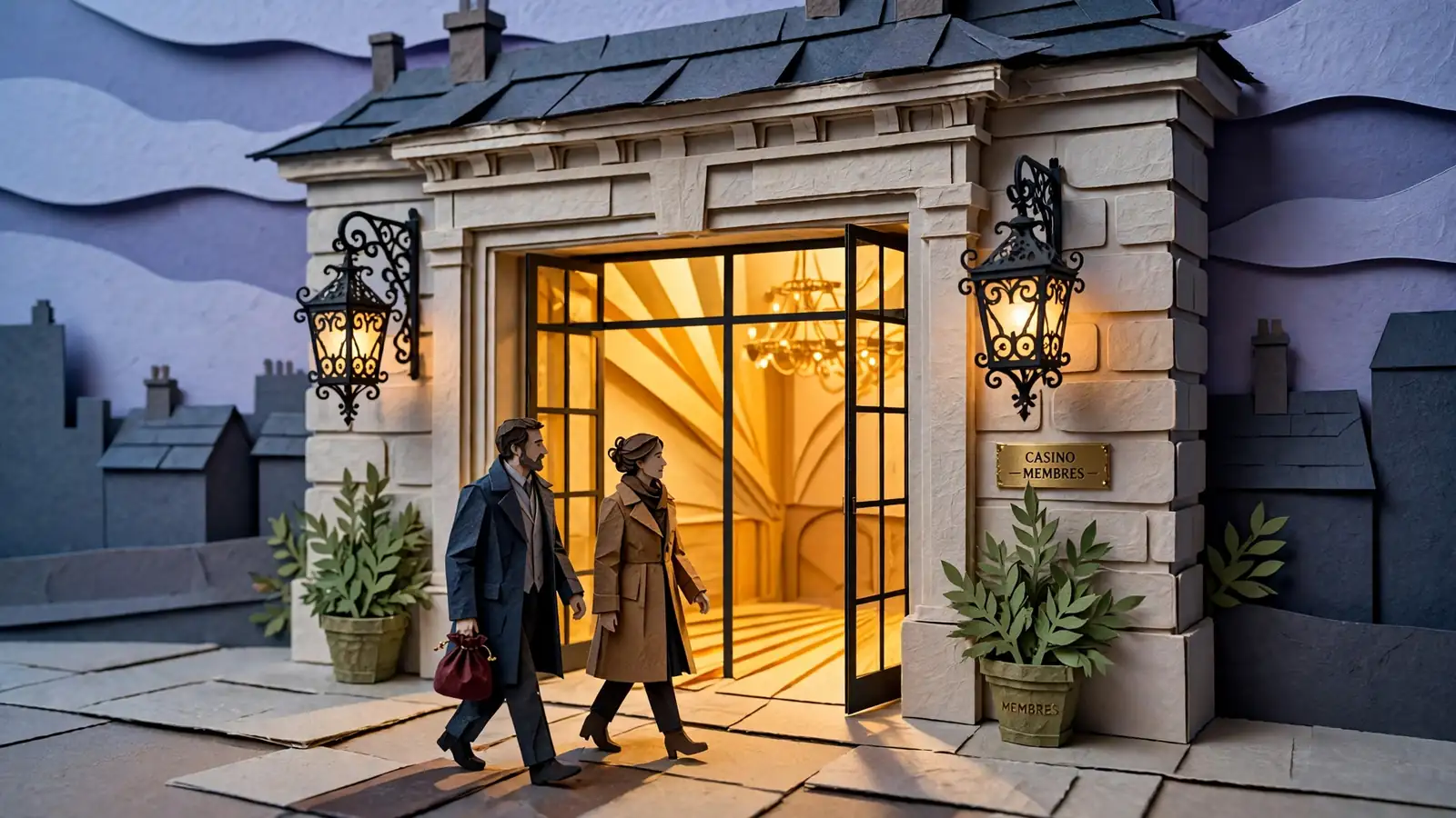 Elegant European casino entrance at dusk with warm lighting and arriving guests.