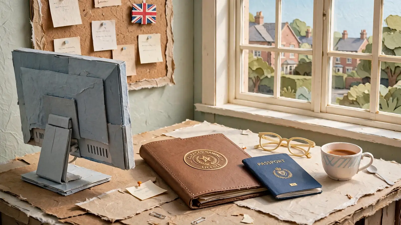 Desk with a turned-away monitor, licence folder, passport and tea in a bright room