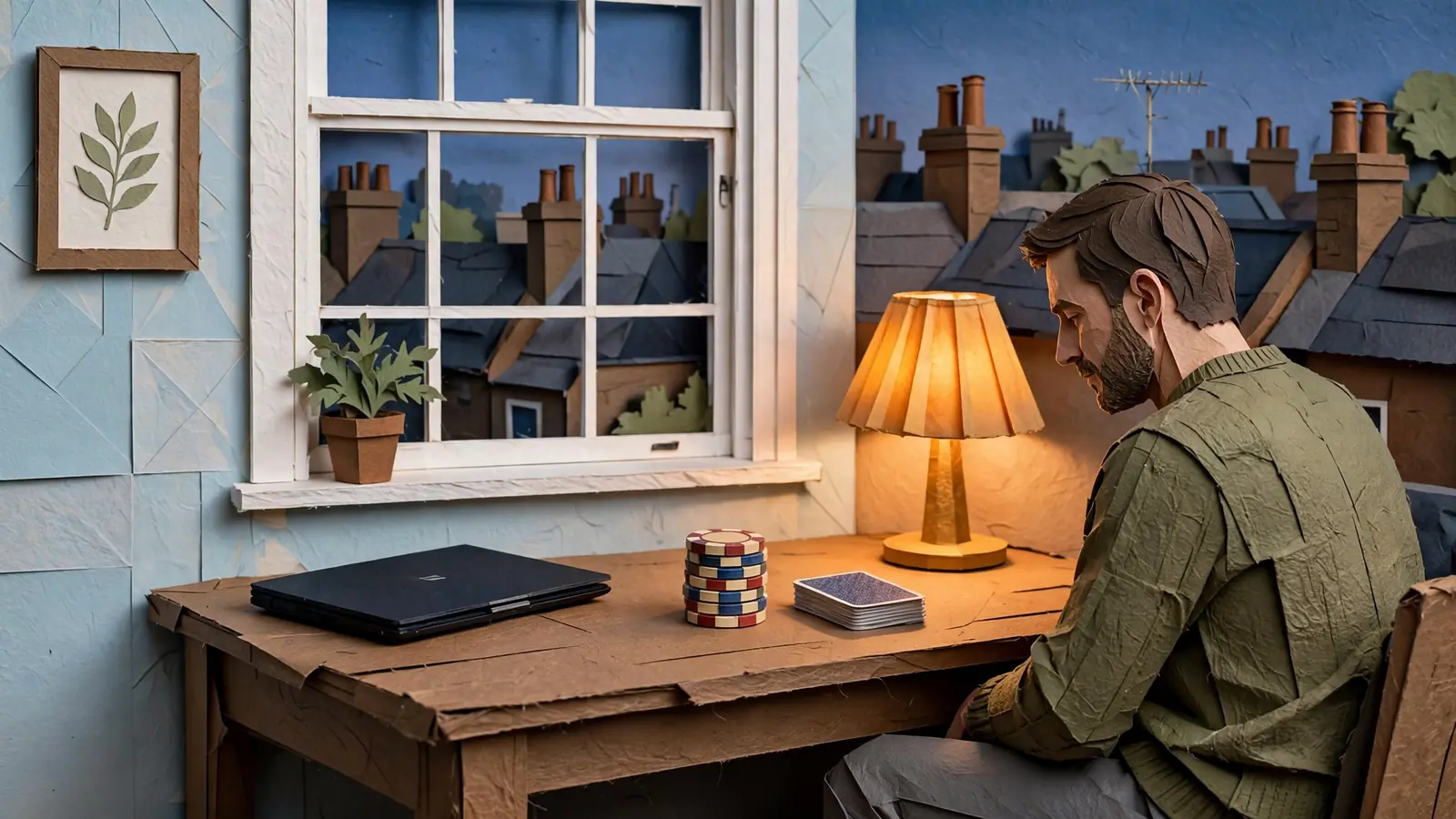 Person at desk with poker chips, closed laptop, and London rooftops through a window.