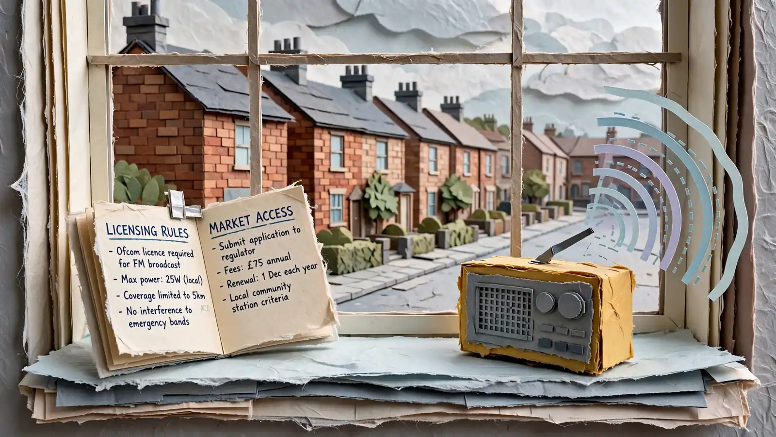 Radio on a windowsill in a British home receiving multiple signals, notebook with licensing notes beside it.