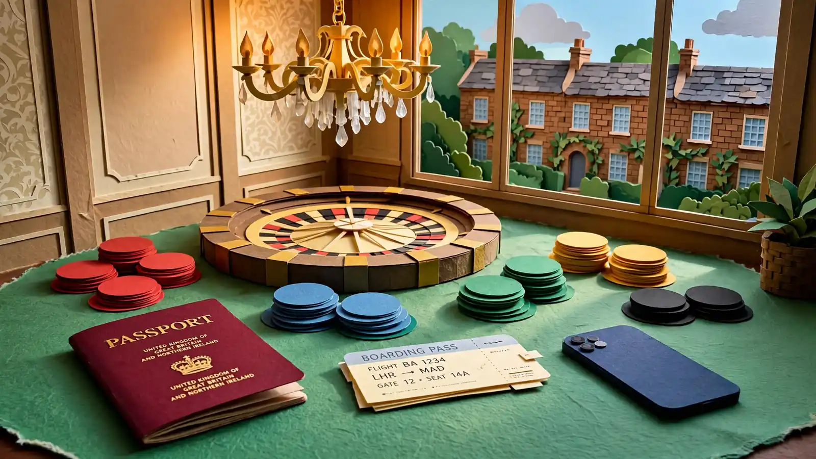 Roulette wheel, chips, British passport and boarding pass on an elegant casino table.