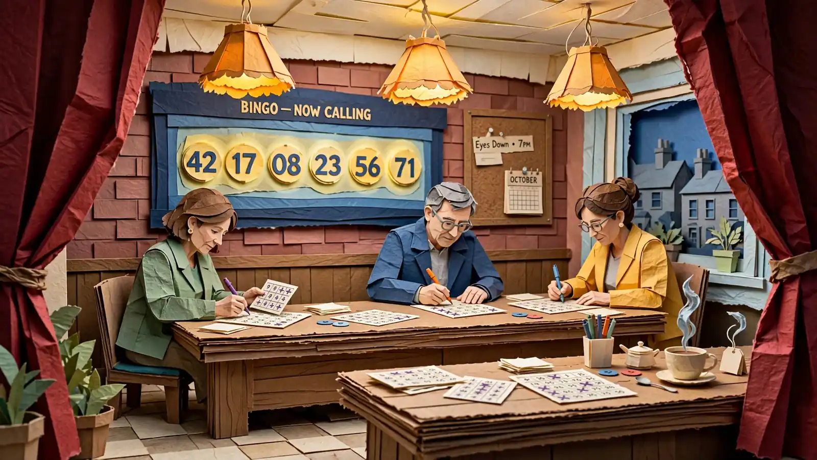 British bingo hall interior with players and drawn numbers board