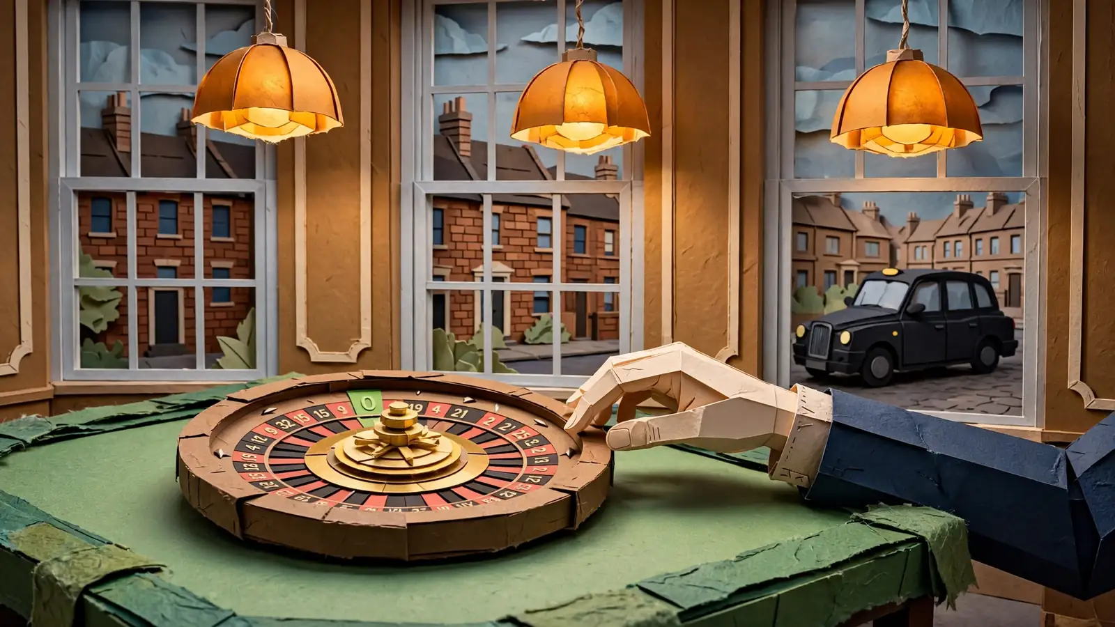American roulette wheel on a green felt table in a London gaming lounge at dusk.