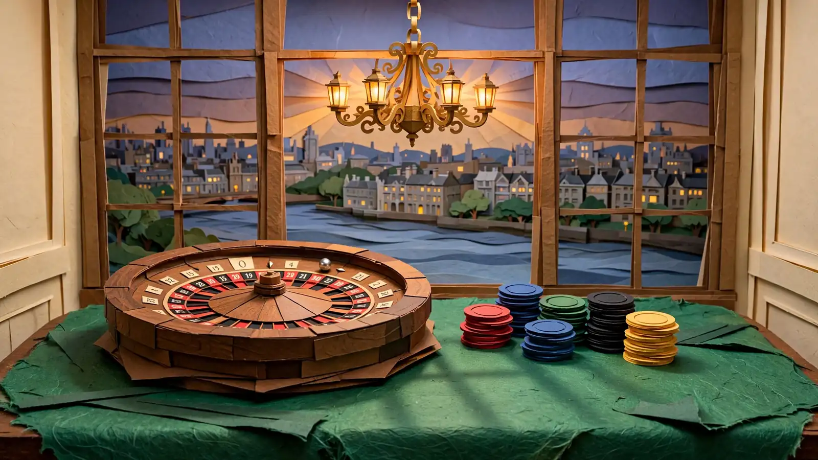 European roulette wheel on green baize table with chips beside it, evening London skyline through the window.