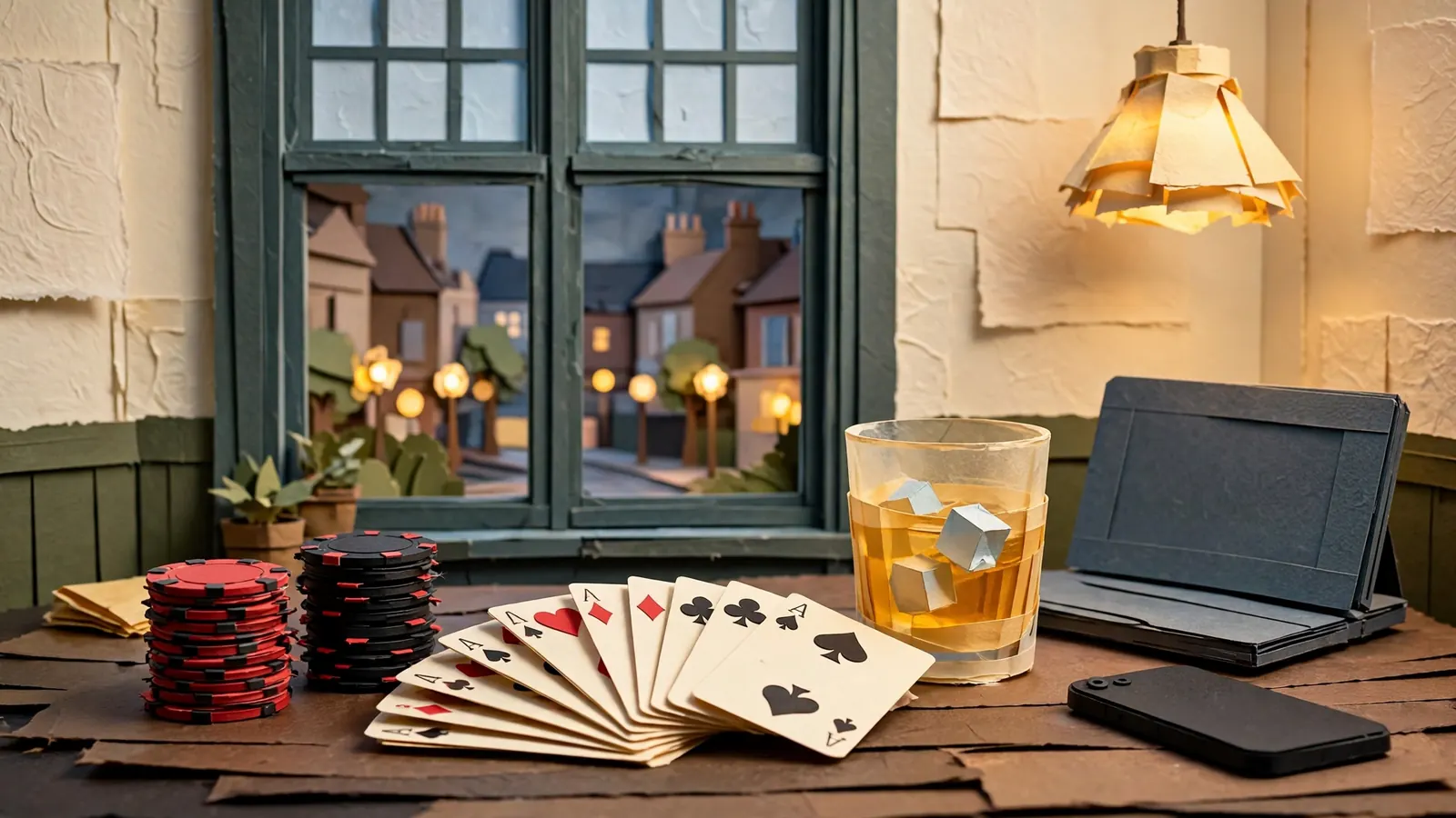 Casino chips, playing cards, and whisky on a wooden table with a London evening view through a window.