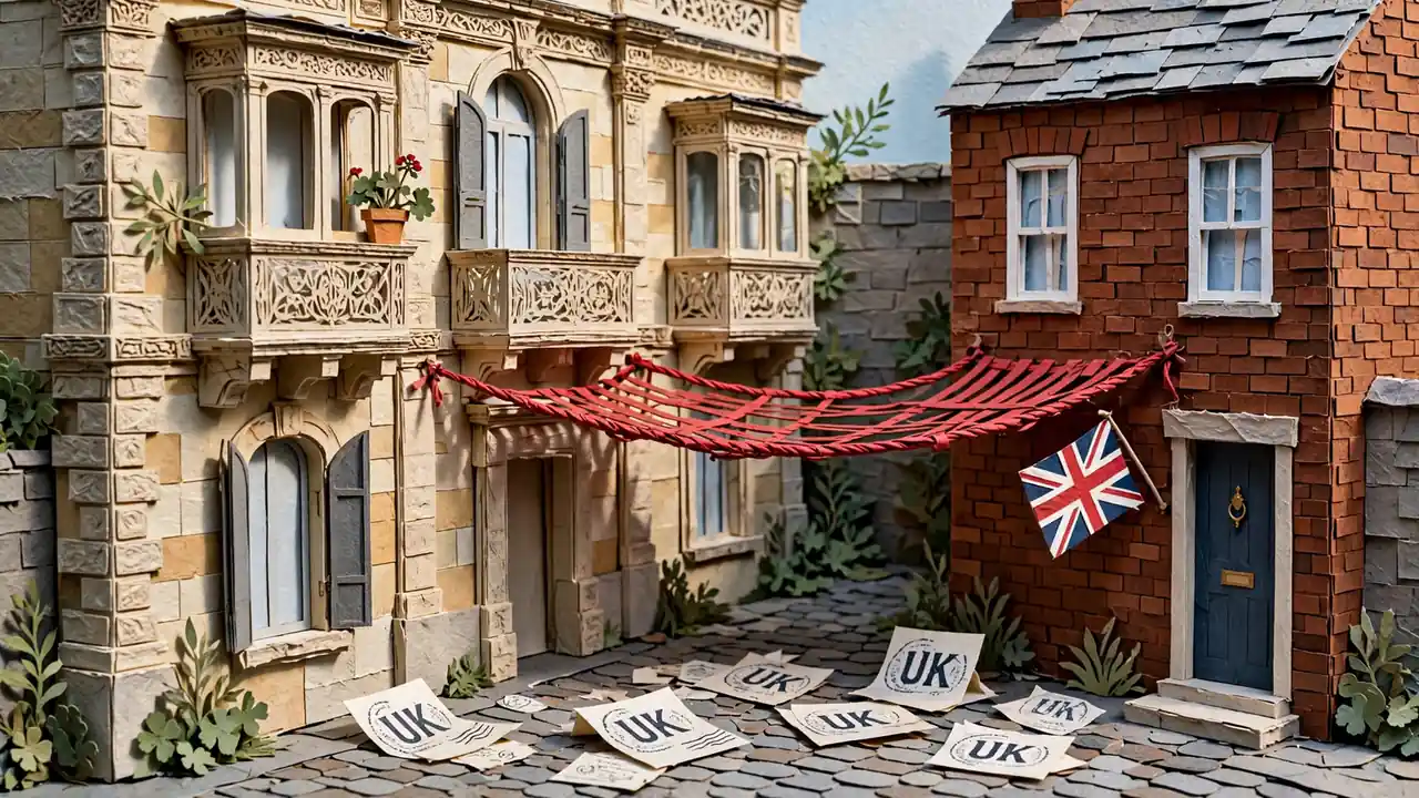 Maltese building blocked by a rope from a British townhouse