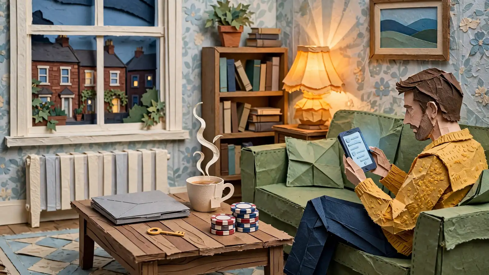 British living room scene with laptop, tea, and poker chips suggesting no-registration online casino play