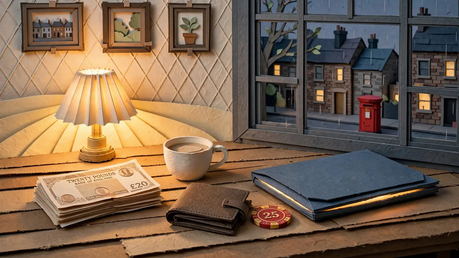 Warm desk scene with pounds, tea, wallet, chip, and closed laptop in a London flat at dusk.