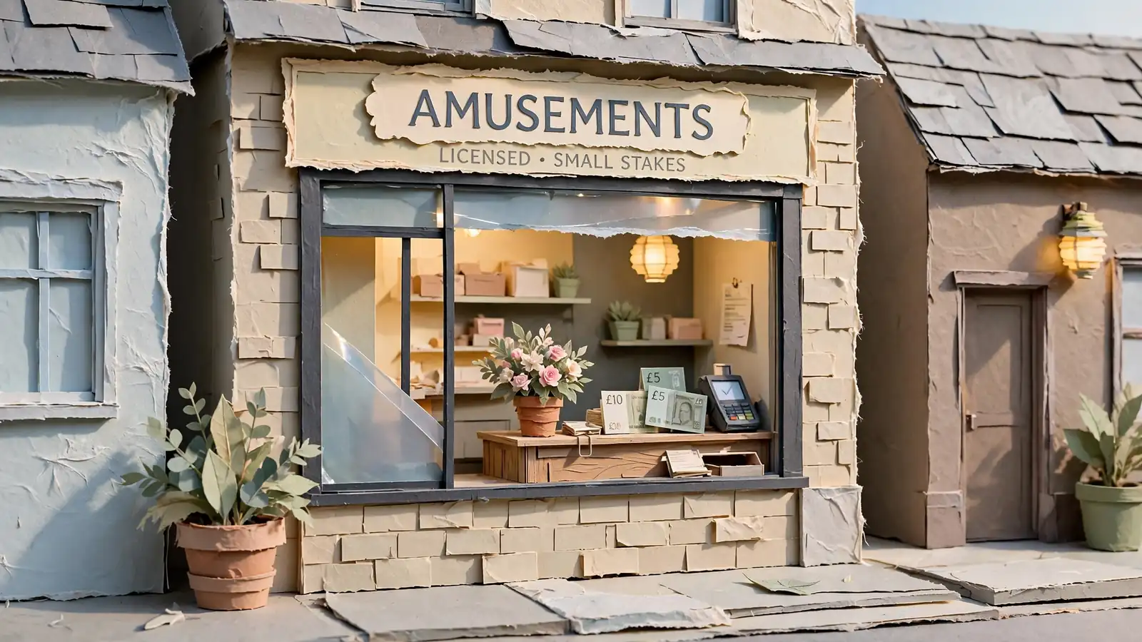 British high street storefront with pound notes and card reader at the cashier desk.