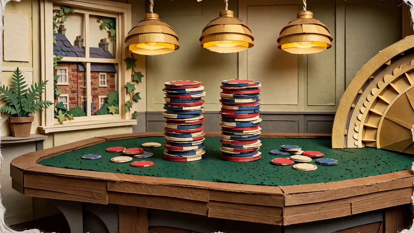 Two equal stacks of casino chips on a green felt table beside a roulette wheel.