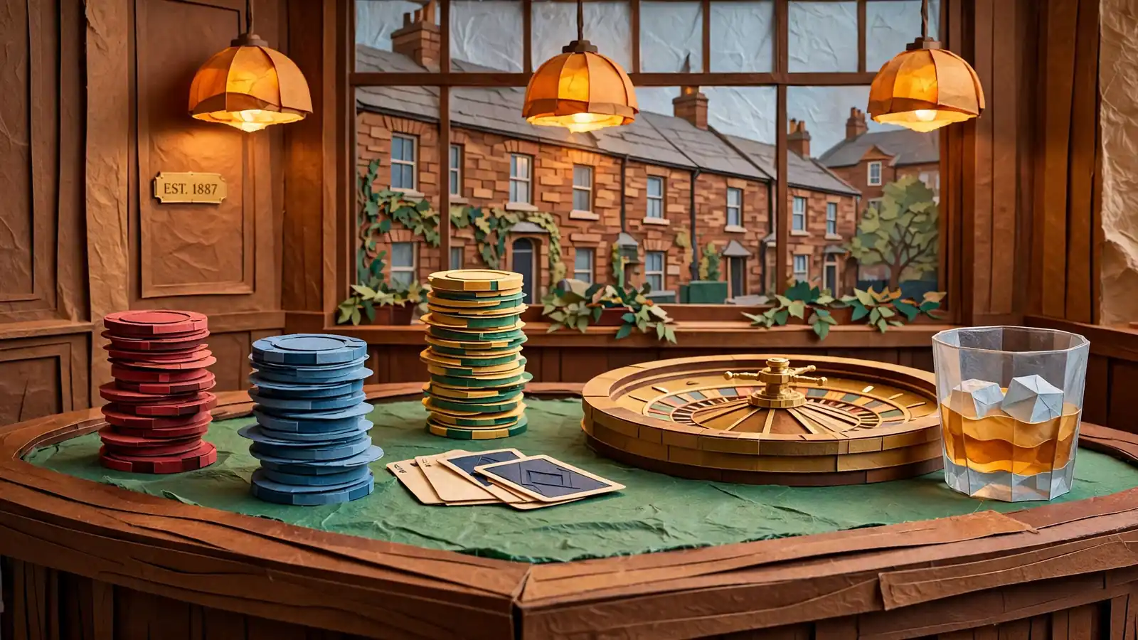 Elegant British casino table with stacked chips, roulette wheel, and cards under warm pendant lighting.