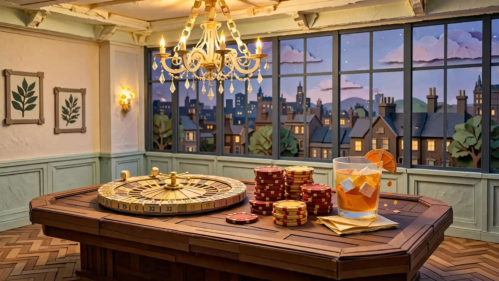 Elegant casino lounge with roulette wheel, stacked chips, and warm chandelier lighting